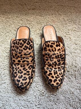 Womens J.Crew Leather + Leopard Print Calf Hair Mule Flats in size 6.5